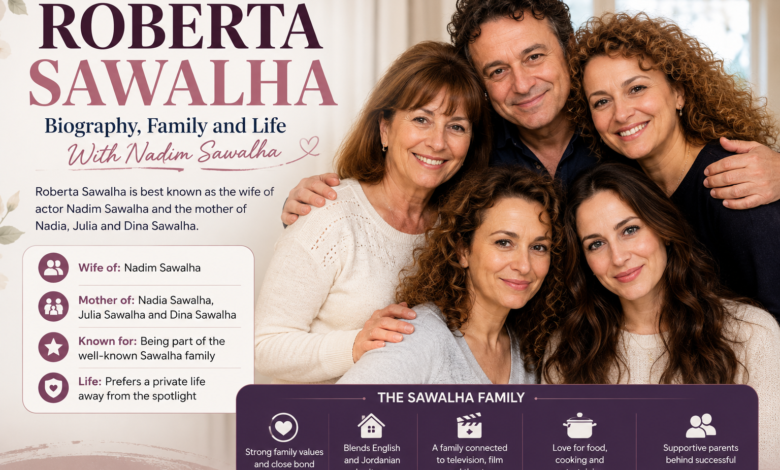 Roberta Sawalha biography image highlighting her family, husband Nadim Sawalha, and daughters Nadia, Julia and Dina Sawalha