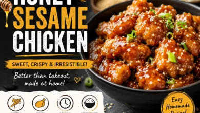 Crispy honey sesame chicken coated in a sticky sweet sauce and topped with sesame seeds and green onions