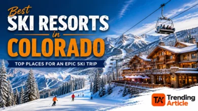Best ski resorts in Colorado with snowy mountain slopes, ski lifts, skiers, and luxury mountain lodges