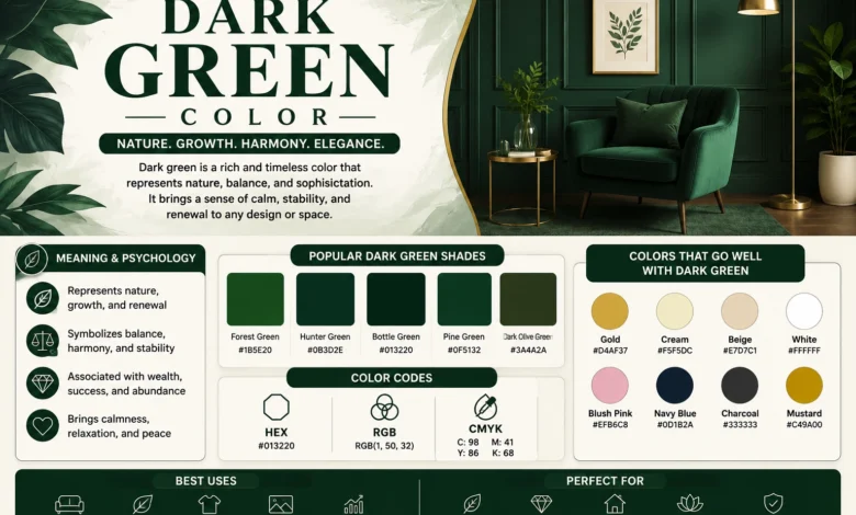 Dark Green Color: Meaning, Shades, Combinations, and Design Ideas 1 Dark green color guide showing popular shades, color codes, meaning and matching colors for design and decor