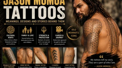 Jason Momoa tattoos guide showing geometric body art and the reported meanings behind his arm, hand, neck and family-inspired designs