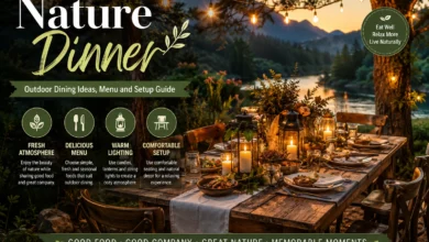 Nature dinner setup beside a lake with a rustic table, seasonal food, candles, lanterns and string lights
