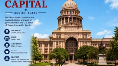 Texas State Capitol building in Austin with its historic dome, entrance, gardens and visitor information