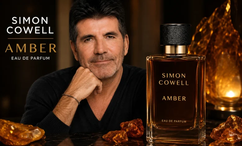 Simon Cowell Amber featured image with a luxury amber perfume bottle and warm golden background