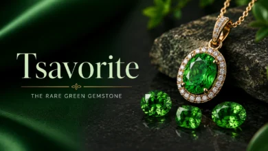 Tsavorite: Rare Green Garnet from Kenya and Tanzania 4 Tsavorite green gemstone with luxury pendant and loose gems on a dark green background