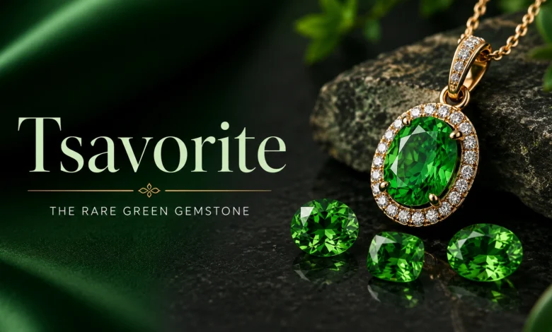 Tsavorite: Rare Green Garnet from Kenya and Tanzania 1 Tsavorite green gemstone with luxury pendant and loose gems on a dark green background