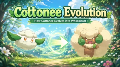Cottonee evolving into Whimsicott in a colourful forest meadow with an evolution arrow