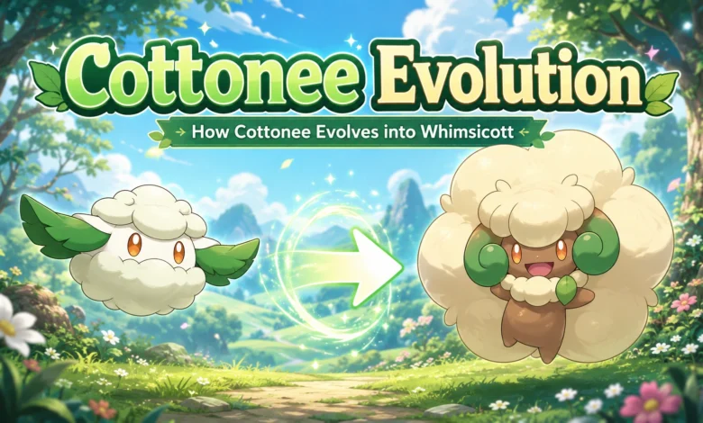 Cottonee evolving into Whimsicott in a colourful forest meadow with an evolution arrow