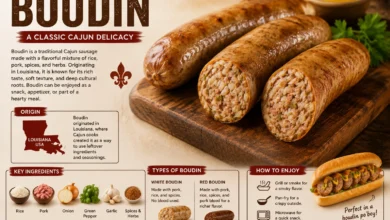 Infographic showing traditional Cajun boudin sausage with ingredients, origin, types, and serving suggestions from Louisiana.