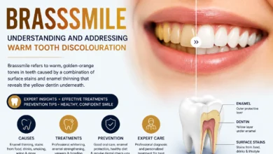 Brasssmile: Understanding Warm Tooth Discolouration 1 Brasssmile infographic showing warm golden tooth discolouration, enamel thinning, dentin exposure, causes, prevention tips, and dental treatment options.