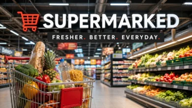 Modern supermarket aisle with fresh produce and a shopping cart full of groceries