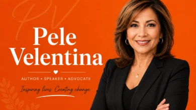 Pele Velentina author speaker and advocate promotional portrait with orange background and black blazer