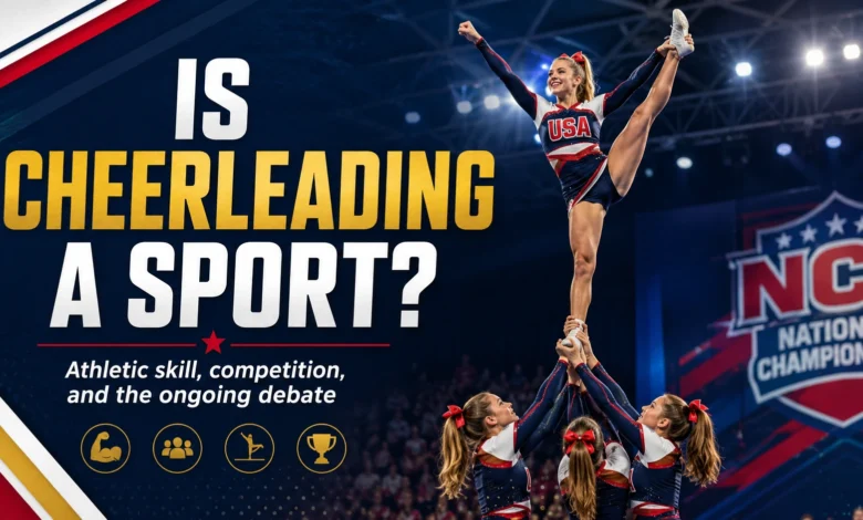 Feature image showing a competitive cheerleading team performing a stunt with the text “Is Cheerleading a Sport?”