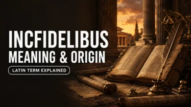 Incfidelibus meaning and origin illustrated with an ancient Latin manuscript, Roman columns, scrolls, and a quill.