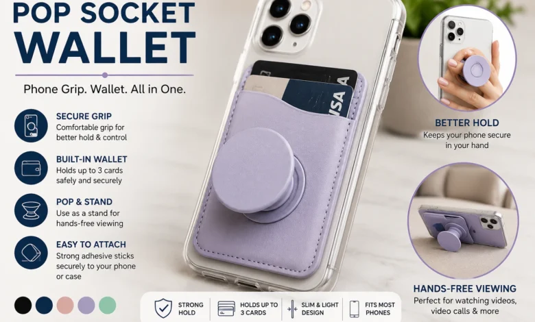 Pop Socket Wallet: The Ultimate Phone Accessory for Convenience 1 Lavender Pop Socket Wallet attached to a smartphone with a built-in card holder, expandable grip, and kickstand for hands-free viewing.