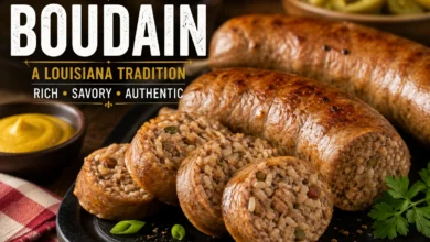 Traditional Louisiana boudain sausage sliced open to show its seasoned pork and rice filling, served with mustard, herbs, and pickled peppers on a rustic platter.