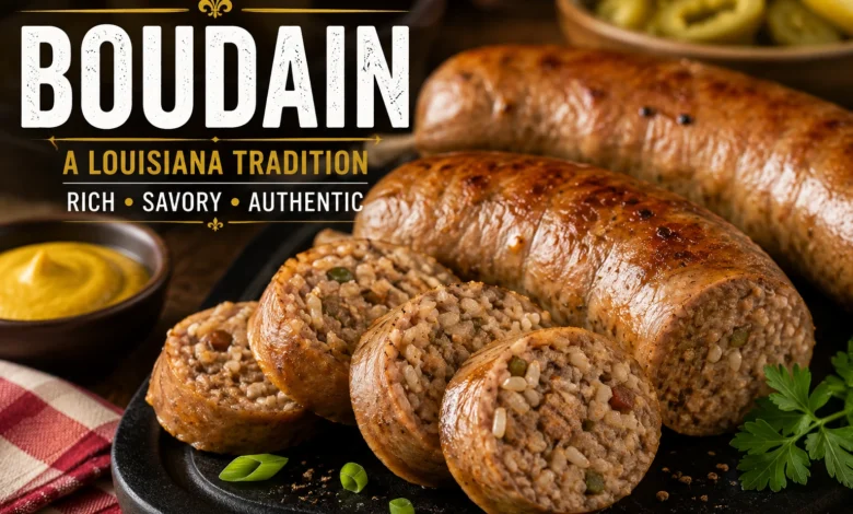 Traditional Louisiana boudain sausage sliced open to show its seasoned pork and rice filling, served with mustard, herbs, and pickled peppers on a rustic platter.
