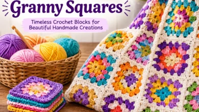 Granny Squares: The Classic Crochet Essential 3 Colorful handmade granny squares with crochet yarn and hook on a wooden table, displaying classic crochet patterns for blankets and DIY craft projects.