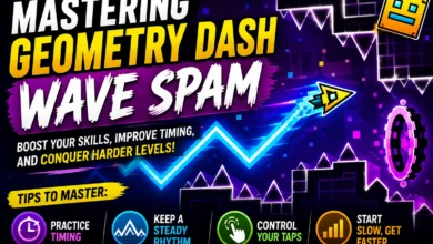 Geometry Dash Wave Spam gameplay illustration showing a zigzag wave passing through spikes and obstacles with neon effects, representing advanced timing and control techniques for skilled players.