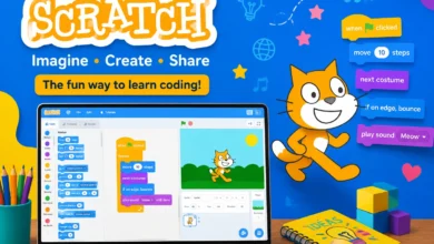 Stratch: Fun and Interactive Graphic Programming for Kids 4 Scratch coding platform for kids with block-based programming, laptop screen, and animated cat character for learning computer programming.