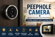 Smart peephole camera installed on a front door with digital visitor display