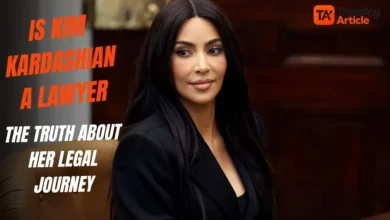 Feature image illustrating Kim Kardashian's legal journey with a courtroom gavel, law books, scales of justice, and legal documents representing her path toward studying law.